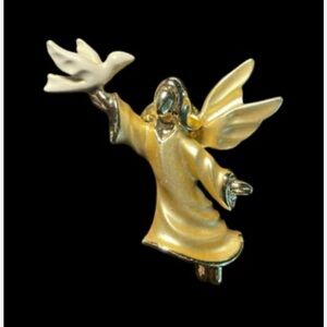 Vintage GIUSTI Gold Tone Angel Brooch Holding Dove 2"